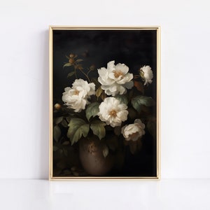 moody floral oil painting print | dark academia decor | vintage flower prints | botanical art print | moody blooms | printable wall art