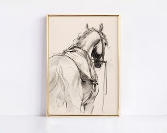 ヴィンテージ馬スケッチアートプリント：ミニマリスト馬術線画（デジタルダウンロード）