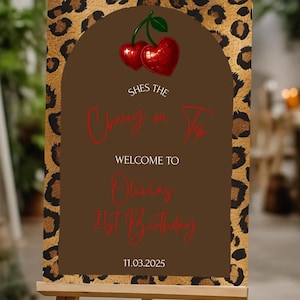 Cherry on Top Birthday Welcome Sign | Cheetah Leopard Party Decor | Editable Birthday Poster | Wild Glam 21st Birthday | Digital Download