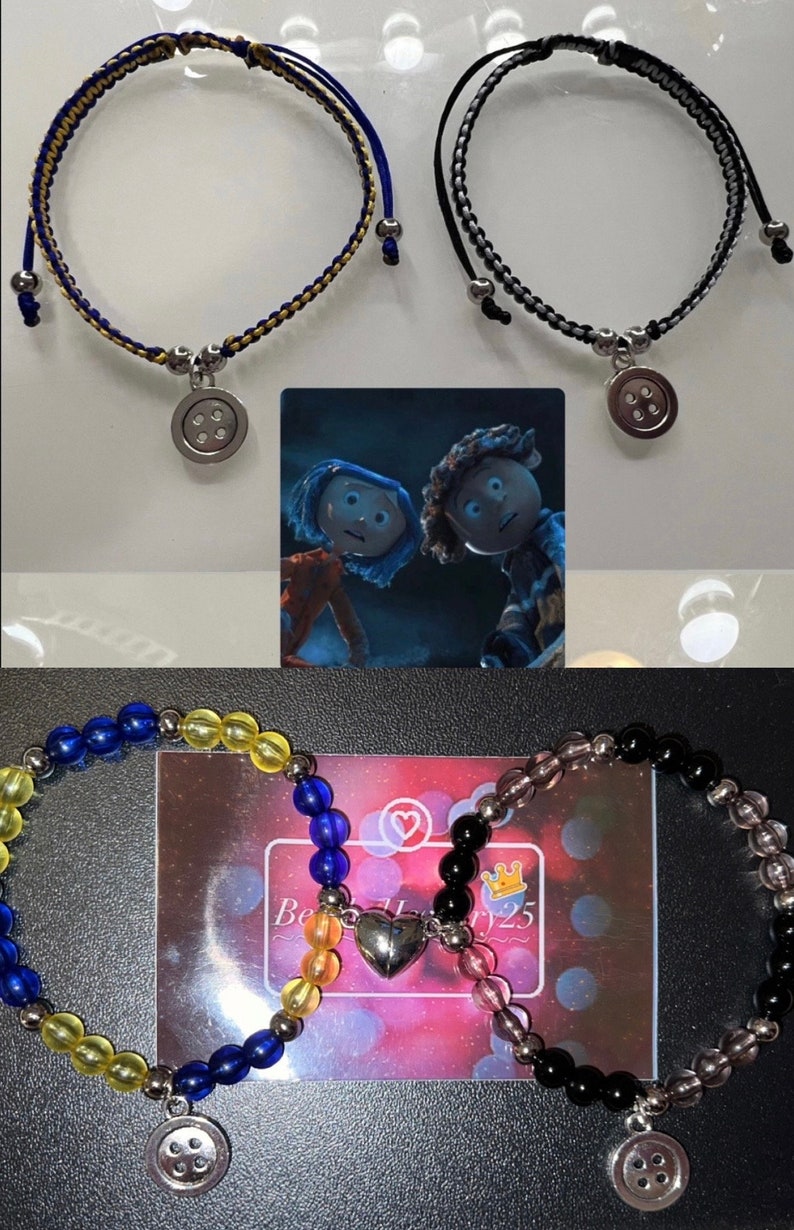 May include: Two sets of friendship bracelets with button charms. One set is blue and yellow, the other is black and gray. The bracelets are displayed with a photo of the characters from the movie "Coraline".