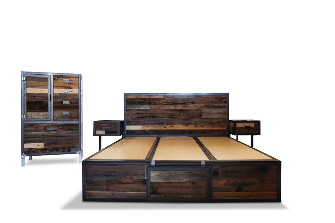 Reclaimed Wood Bedroom Set 5 Piece Set Wooden Bed Frame Etsy