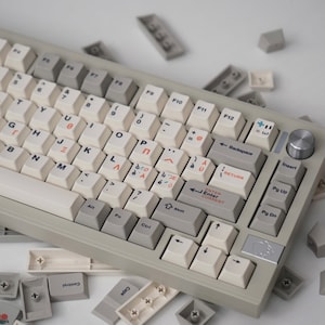 May include: A white and gray mechanical keyboard with a knob on the top right corner. The keyboard has a variety of keys with different labels, including function keys, arrow keys, and number keys. The keyboard is on a white surface.
