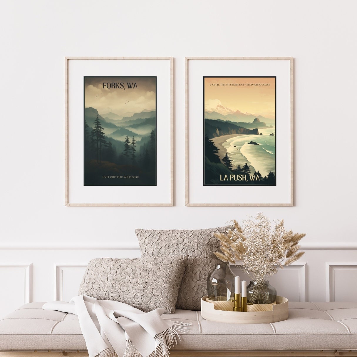 Vintage Travel Poster Set, Printable, PNW Decor, Forks Washington, La
