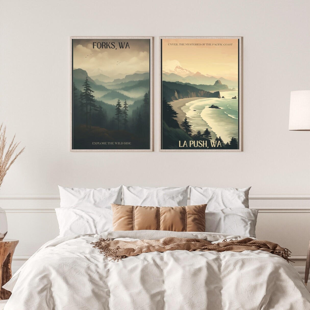 Vintage Travel Poster Set, Printable, PNW Decor, Forks Washington, La