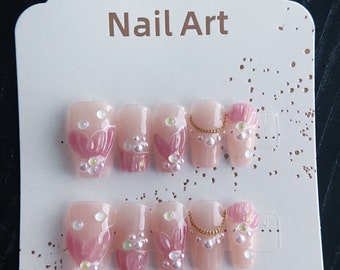 Handmade reusable press on nails, the little mermaid Ariel, cute Disney princess, perfect valentines, chain sea pearl