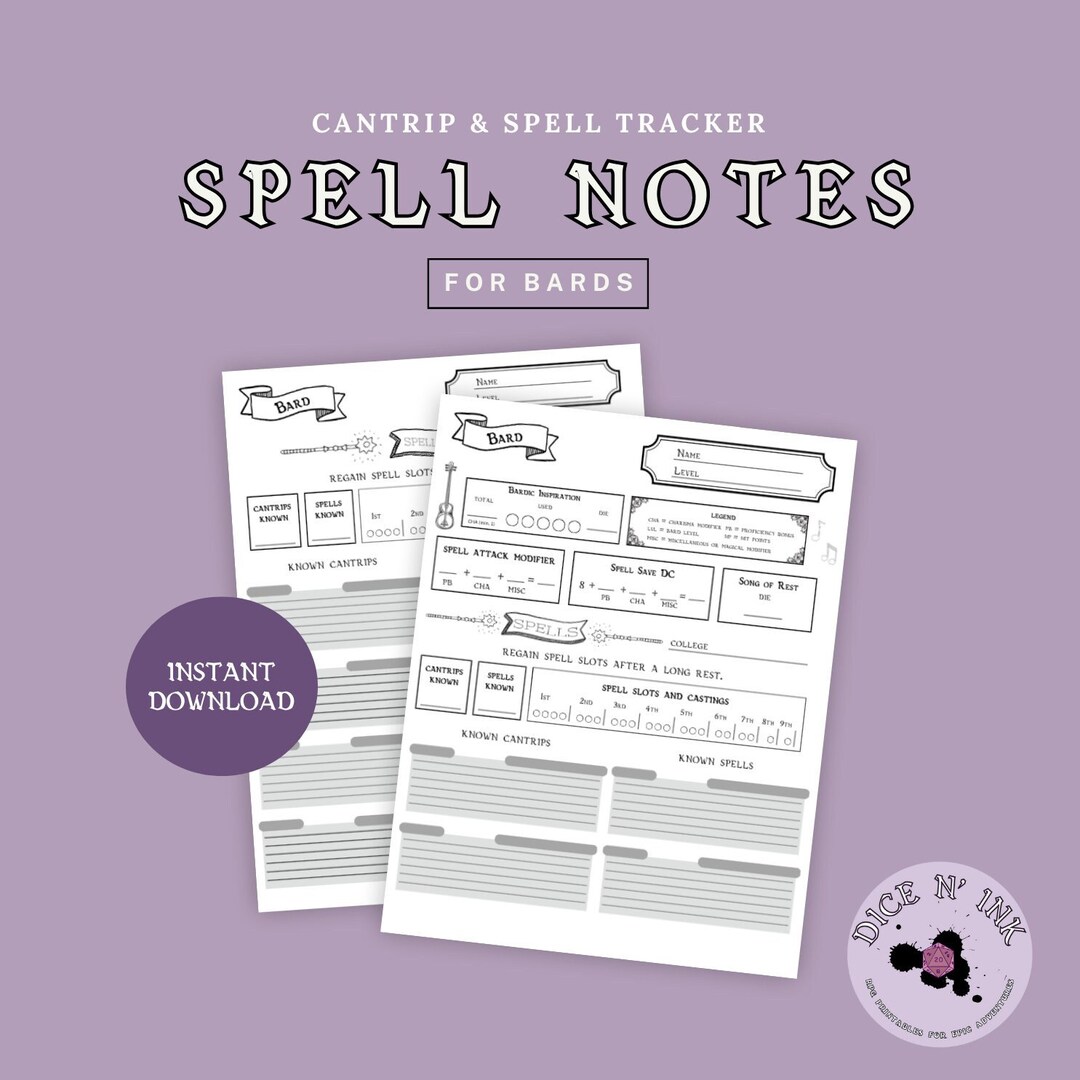 Bard Cantrip and Spell Tracker With Bardic Inspiration Sheet D&amp;D Class ...