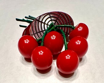 Vintage 1940s Red Bakelite 6 Cherries Brooch