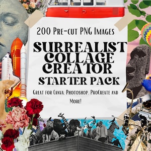 May include: A collage of images with the text "200 PRE-CUT PNG IMAGES SURREALIST COLLAGE CREATOR STARTER PACK GREAT FOR CANVA. PHOTOSHOP. PROCREATE AND MORE!"  The images include a moon, a rocket, a dog, flowers, a van, a hot air balloon, a fish, a statue, and an astronaut.