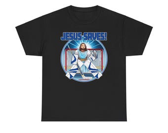 Camiseta unisex de algodón grueso divertida de portero de hockey Jesús salva al portero