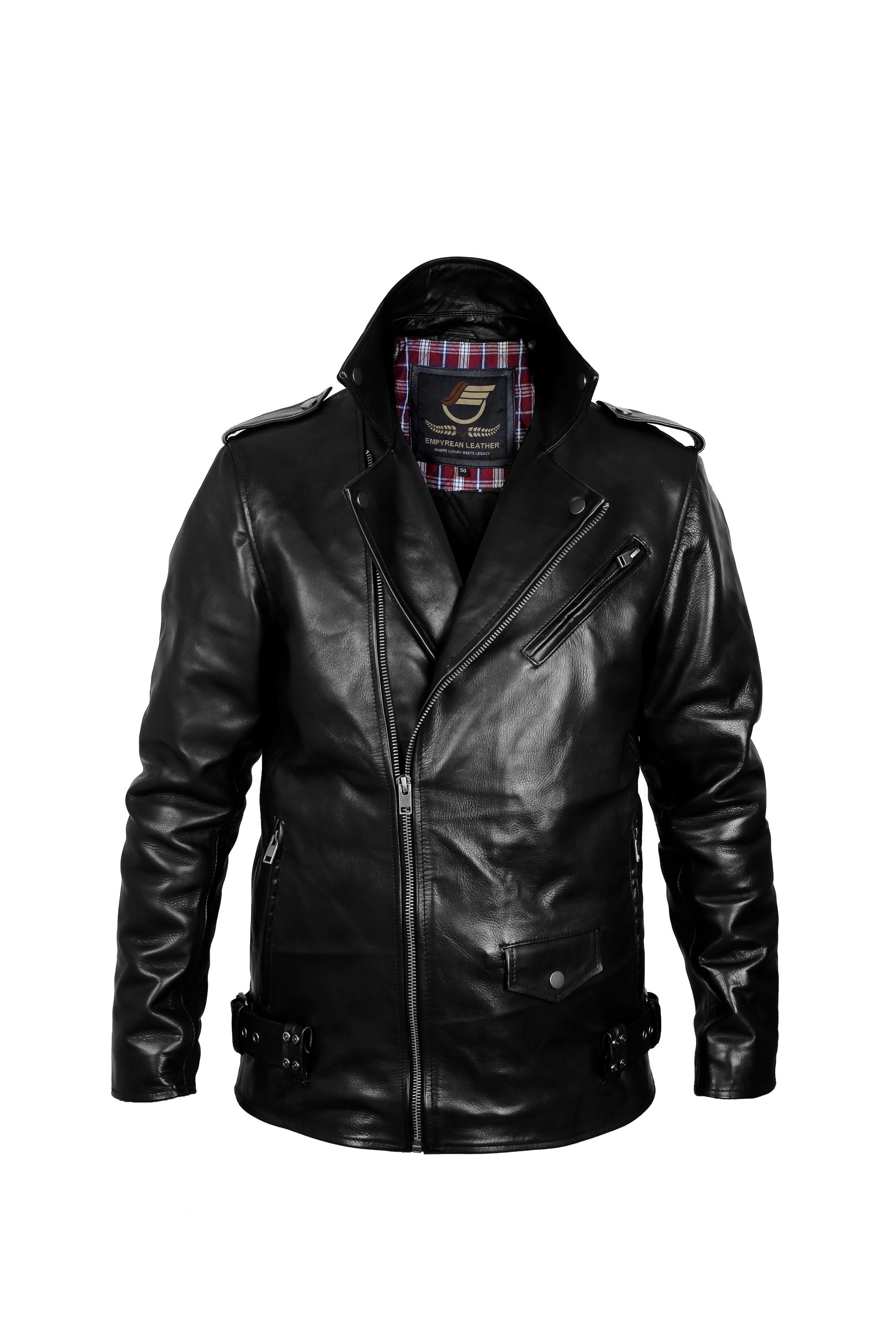 Empyrean Leather Men's Black Slim Fit Biker Jacket Genuine Leather with Padded Design and Zipper Details