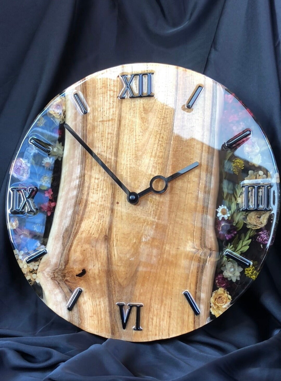 Wood and Flower Clock Wall Clockresin and Flower Clock Wall Etsy