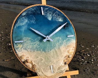 Epoxy resin clock| Resin art| Handmade gift| Wall clock| Marine style clock| Blue clock| Custom made| Clock with ocean waves| Home decor