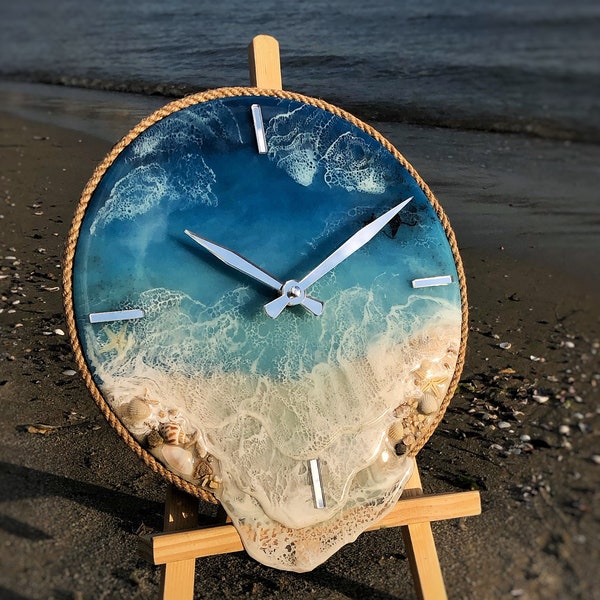 Horloge en résine époxy | Art en résine| Cadeau fait main| Horloge murale| Horloge de style marin | Horloge bleue| Sur mesure| Horloge avec vagues océaniques| Décoration d'intérieur