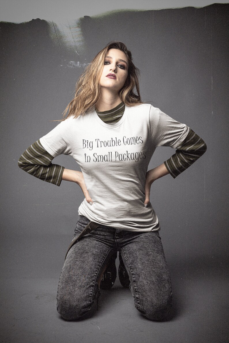 Big Trouble Comes In Small Packages Gildan ultra-cotton, feminine flattering, cute t-shirt Feminine Shirt Petite Graphic text tee image 3