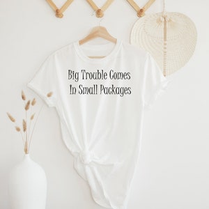 Big Trouble Comes In Small Packages Gildan ultra-cotton, feminine flattering, cute t-shirt Feminine Shirt Petite Graphic text tee image 1