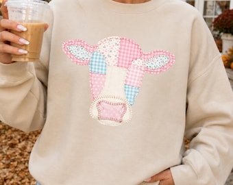 Faux Patchwork Cow Sweatshirt, Country Girl Apparel, Cow Lover Sweater, Cottagecore Farmhouse Gift, Quilted Farm Animal Head, Cow Hoodie