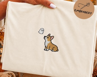 Embroidered Dog Shirt, Corgi and Ghost Shirt, Minimalist Halloween Dog Shirt, Spooky Season Pet Tee, Lovers Dog Tee, Corgi Mom Gift