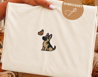 Embroidered Dog Tee, German Shepherd and Butterfly Shirt, Lovers Dog shirt, Embroidery Dog Sweatshirt, Gifts for Dog Owners