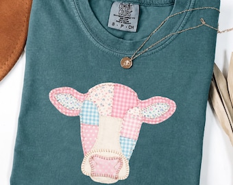 Faux Patchwork Cow Shirt, Cow Lover Shirt, Cottagecore Farmhouse Gift, Quilted Farm Animal Head Tee