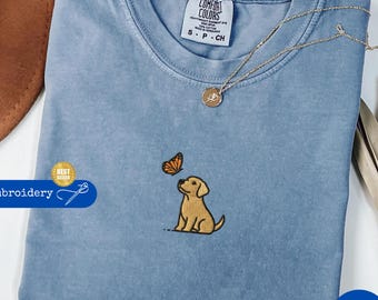 Embroidered Labrador Retriever and Butterfly Shirt, Embroidery Dog Sweatshirt, Lovers Dog shirt, Funny Dog shirt, Gifts for Dog Owners