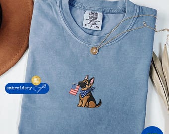 Embroidered Patriotic Dog Tee, German Shepherd and American Flag Shirt, Lovers Dog Shirt, Embroidery Dog Sweatshirt