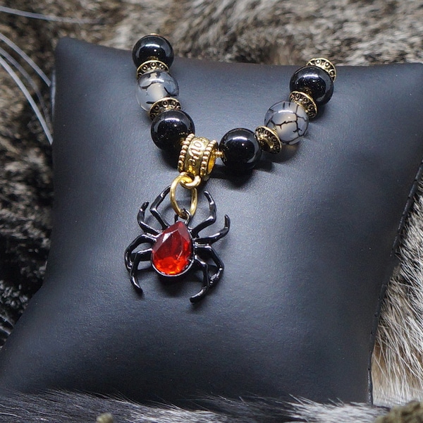 Spider Necklace! Gemstone is Black Cracked Agate and Onyx.  Gold necklace.  Halloween | Goth | Emu | Red | Unisex | Birthday | Mardi Gras