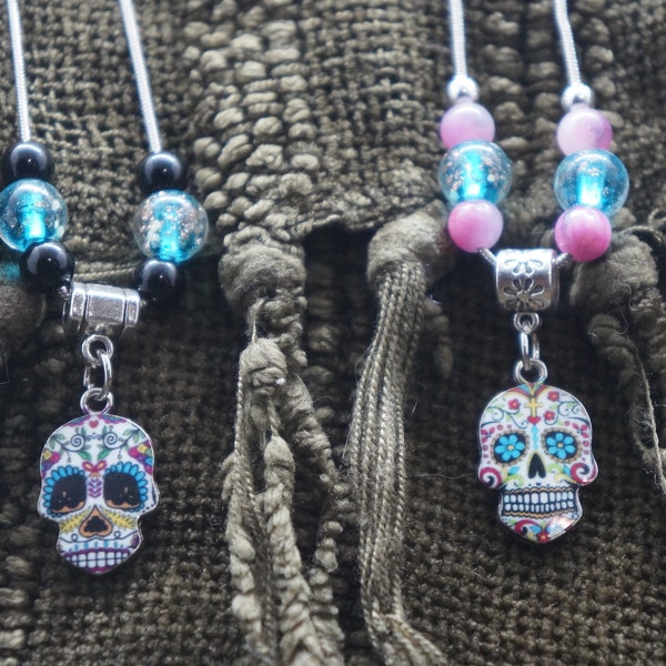 Day of the Dead two Necklace Set!  Glow in the Dark! Gemstones are Black Onyx and Pink Persian Jade.  Silver Chain. Halloween | Mardi Gras