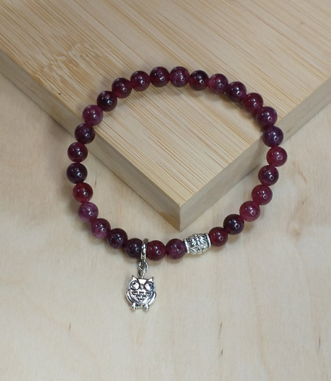 Gemstone Transition Stretch Bracelet. Red Garnet Removable Owl Charm. Valentine | Mother | January