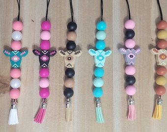 Aztec Cow Skull Car Charm: Boho Rearview Mirror Hanger with Tassel