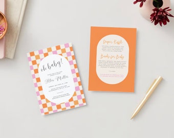 Karierte Babypartyeinladung - Vorlage: Pink, Gelb, Orange (Canva Template)