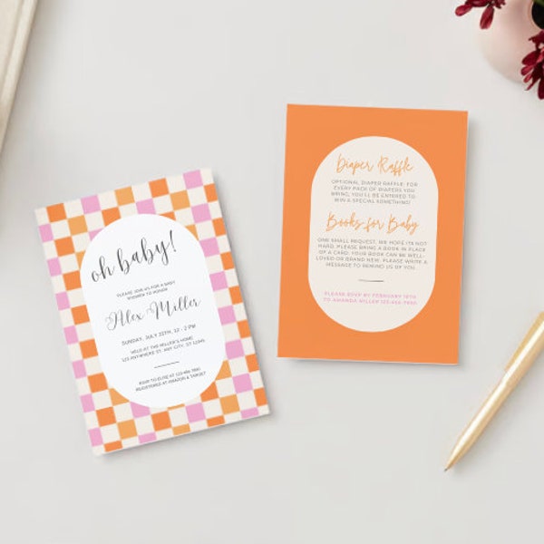 Checkered Baby Shower Digital Invitation Template | Pink Yellow Orange Spring Invitation | Baby Shower Invitation | Editable Shower Invite