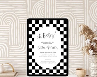 Karierte Babypartyeinladung: Gender Neutral Invite (Canva Template)