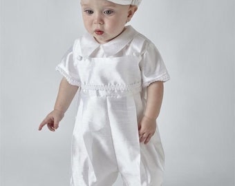 Baby Boys White 3 Piece Christening Outfit : Christening Romper, Shirt & Hat , Baptism, White Christening Suit,
