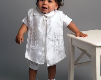 Baby Boys 3 Piece Christening Outfit : Christening Romper, large over bib & hat , Baptism, White Christening Suit,