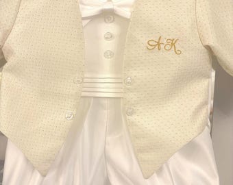 Boys Ivory Christening Romper and Jacket,   Christening Romper, White Christening Outfit, Boys Christening Suit.