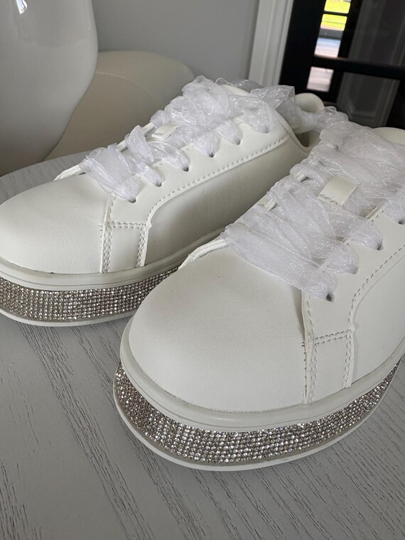 Girls White Trainer Shoe With Organza Ribbon Diamanté Holy