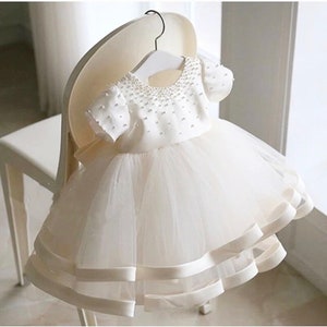 Beatrice - Baby Girls Christening Dress | Flower Girl | Bridesmaid | Party | Cake Smash Dress -  Ivory with Pearl Beading to bodice