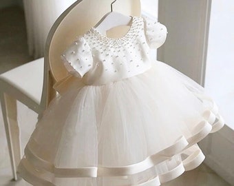 Beatrice - Baby Girls Christening Dress | Flower Girl | Bridesmaid | Party | Cake Smash Dress -  Ivory with Pearl Beading to bodice