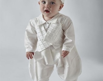 Baby Boys White or Ivory 2 Piece Christening Outfit : Christening Romper & hat , Baptism, White Christening Suit, Naming Day