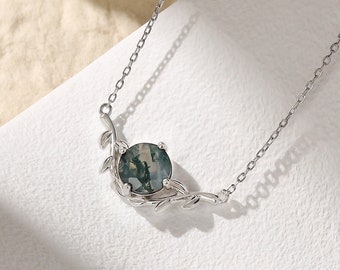 Brilliant Cut Green Moss Agate Necklace Leaf Decor, 925 Sterling Silver Wedding Jewlery, Leaves Pendant Necklace For Her Anniversary Gift