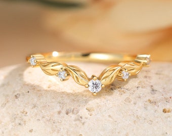 Elegant wedding band Art deco leaf branch matching band Half eternity twig band unique moissanite anniversary women gift