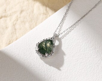 Tear Drop Green Moss Agate Necklace, 925 Sterling Silver Wedding Jewlery, Dainty Pendant Necklace For Her Wedding Gift