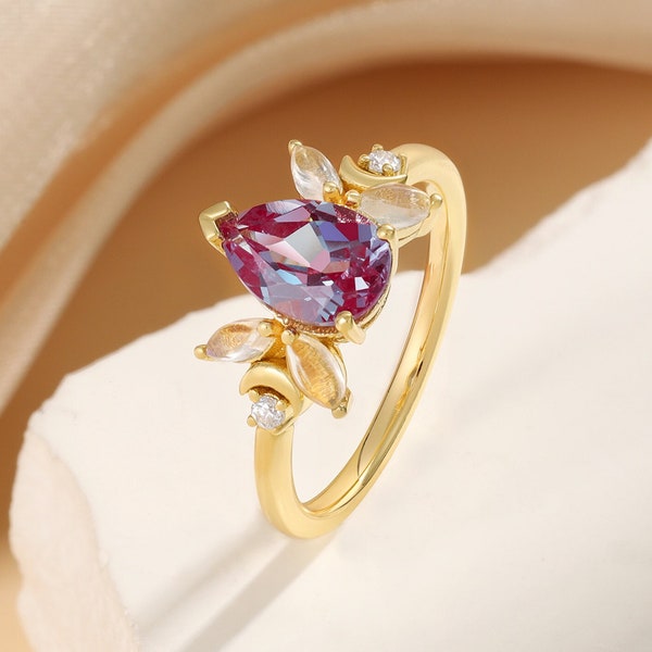 Elegant Alexandrite Ring - Teardrop June Birthstone Ring - Custom Engagement Ring- Dainty Promise Ring - Proposal Ring for Girlfriend