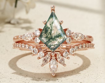 Kite Green Moss Agate Ring Set, Wedding Band Gemstone Ring, Bague de fiançailles, Bague de promesse, Ensemble nuptial, Cadeau d’anniversaire pour elle