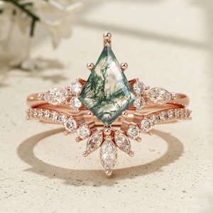 Personalisiertes Kite Green Moos Achat Ring Set, Ehering Edelstein Ring, Verlobungsring, Versprechensring, Geburtstagsgeschenk für Sie Bild 5