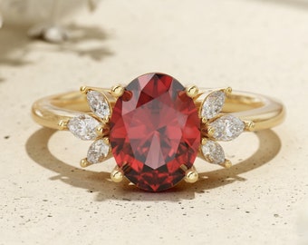 Natürlicher Granat-Cluster-Ring, Gold einzigartiger Verlobungsring, Januar Birthstone Ring, Versprechensring für sie, Brautring, Jahrestagsgeschenke