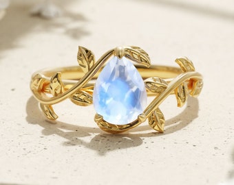 Leaves Natural Moonstone Ring - Gold Branch Ring - Teardrop Sterling Silver Ring -  Engagement Ring- Promise Ring - Wedding Gift for Her