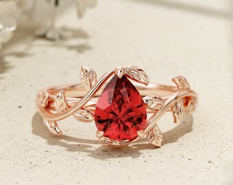 Vintage Pear Cut Garnet Engagement Ring,14K White Gold Leaf Nature Inspired Engagement Ring,Art Deco Promise Ring,Anniversary Gift for Her