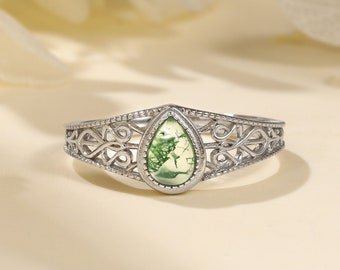 Élégante bague en agate mousse - Bague en argent sterling réglable Bague de fiançailles en agate verte - Bague de promesse - Cadeau pour maman - Cadeau d’anniversaire pour elle