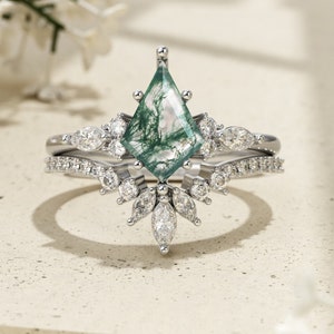 Personalisiertes Kite Green Moos Achat Ring Set, Ehering Edelstein Ring, Verlobungsring, Versprechensring, Geburtstagsgeschenk für Sie Bild 1